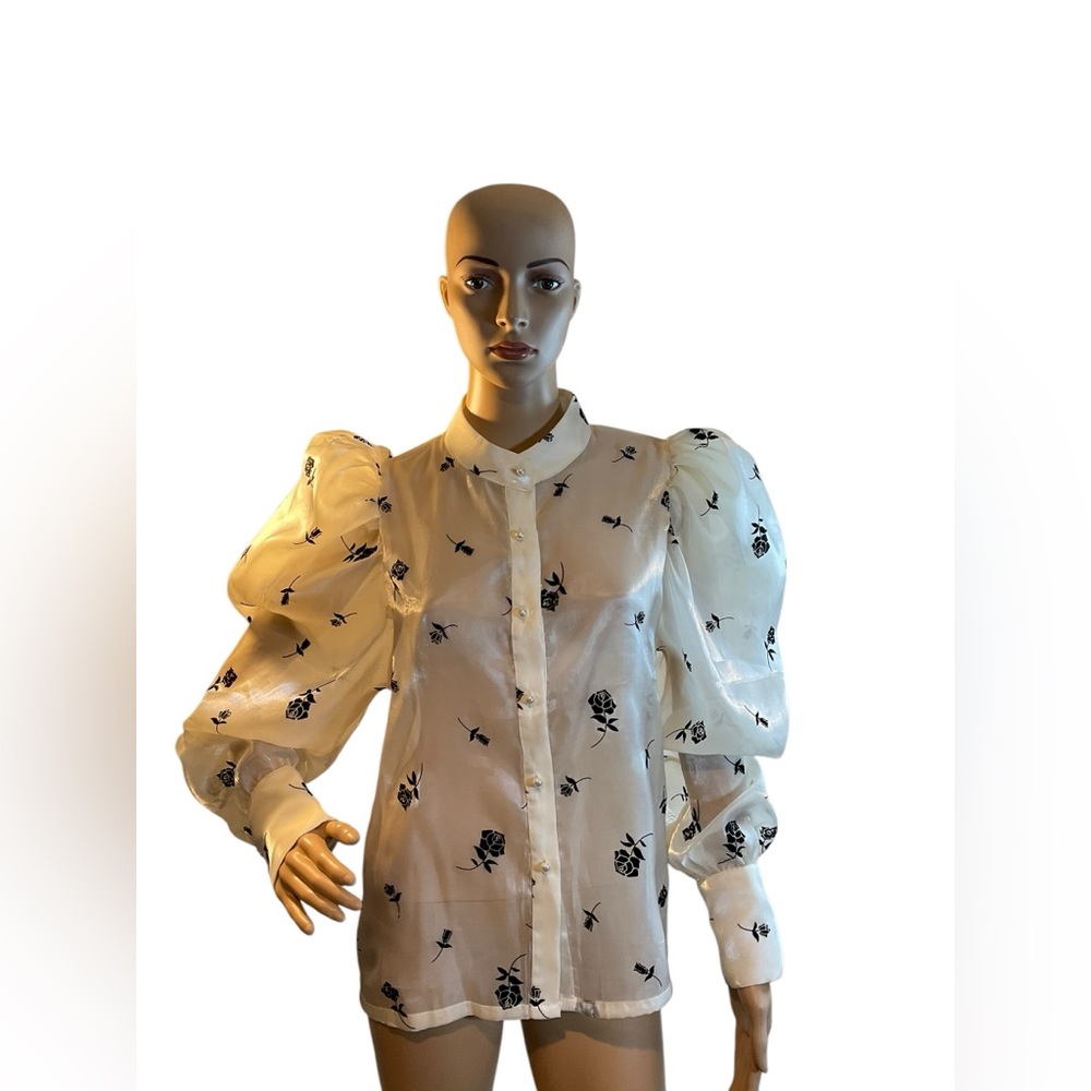 Beulah Style Women’s Ivory Print Black Flower Organza Long Sleeve Blouse Size M